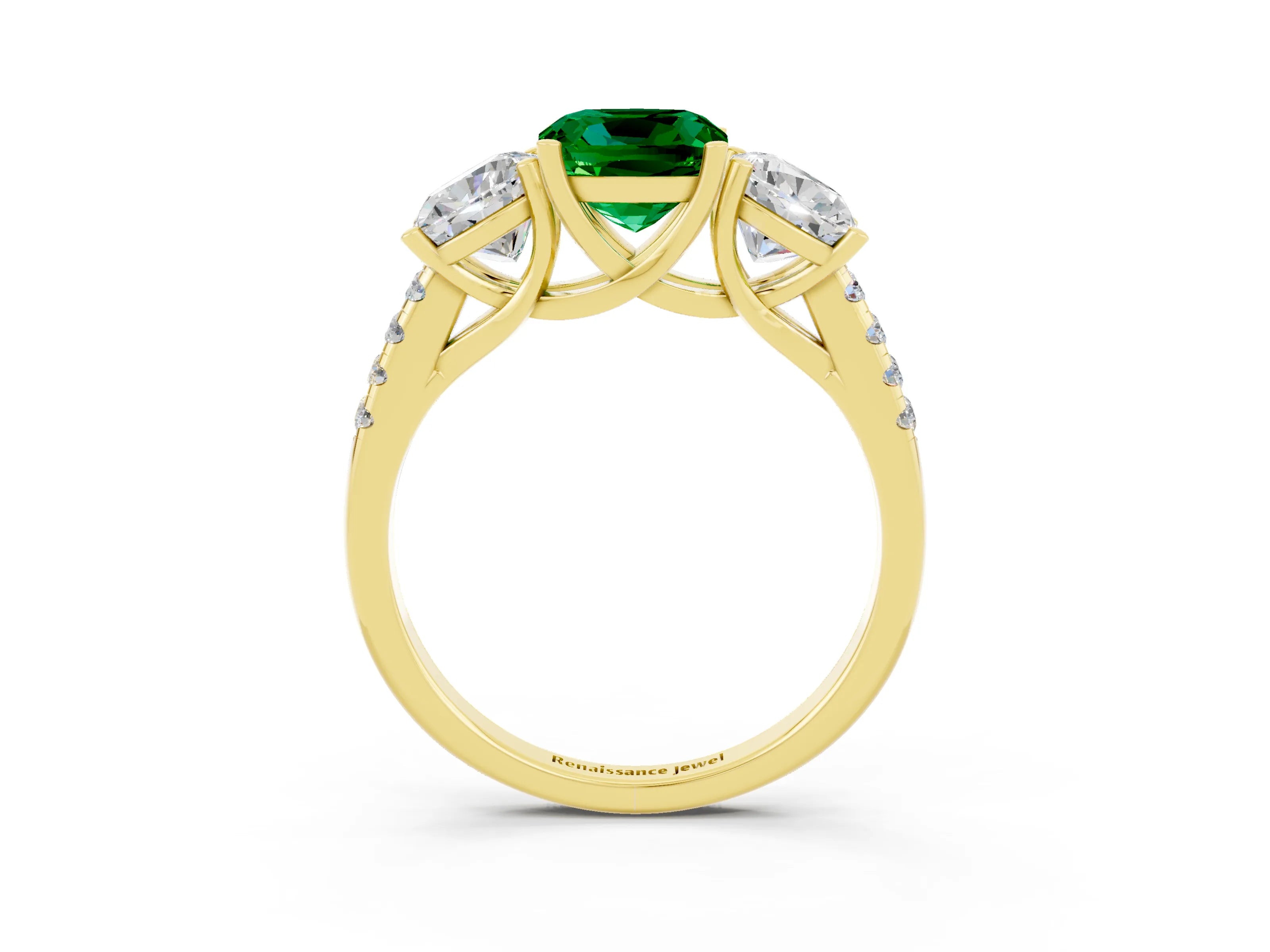 Yellow gold Three-Stone Cushion Cut Emerald Ring with Pavé Band and Prong Setting_15
