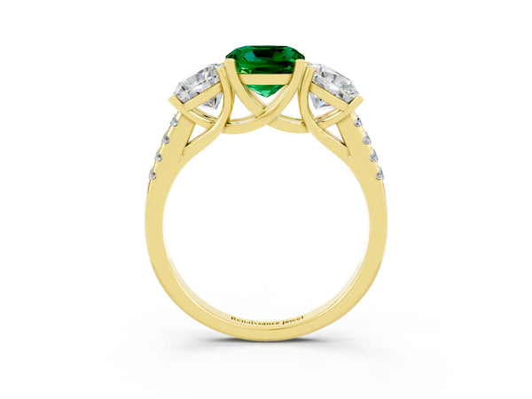 Yellow gold Three-Stone Cushion Cut Emerald Ring with Round  Pavé Band and Prong Setting