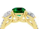 Yellow gold Three-Stone Cushion Cut Emerald Ring with Pavé Band and Prong Setting_16