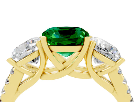 Yellow gold Three-Stone Cushion Cut Emerald Ring with Pavé Band and Prong Setting_16