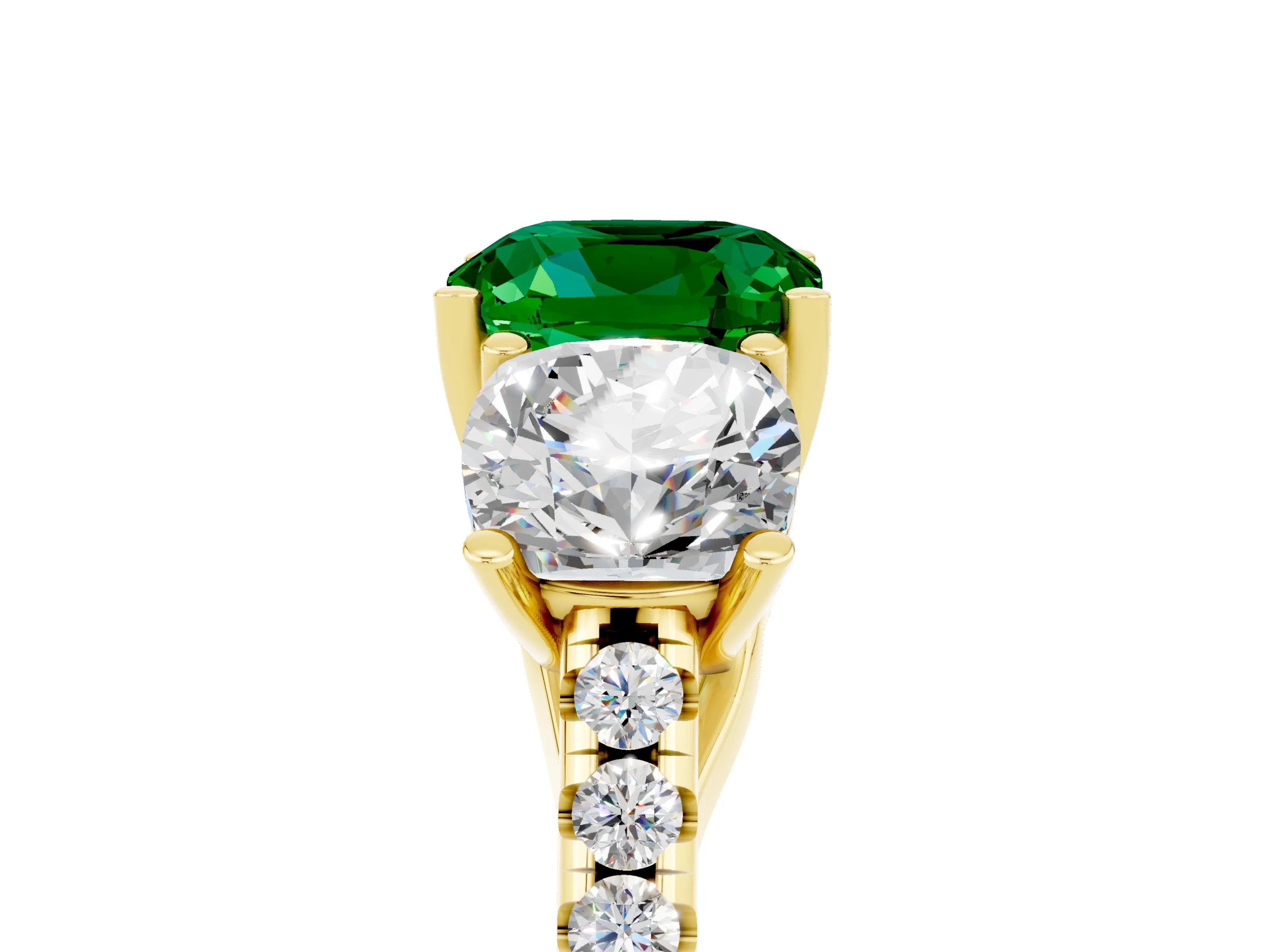 Yellow gold Three-Stone Cushion Cut Emerald Ring with Pavé Band and Prong Setting_17