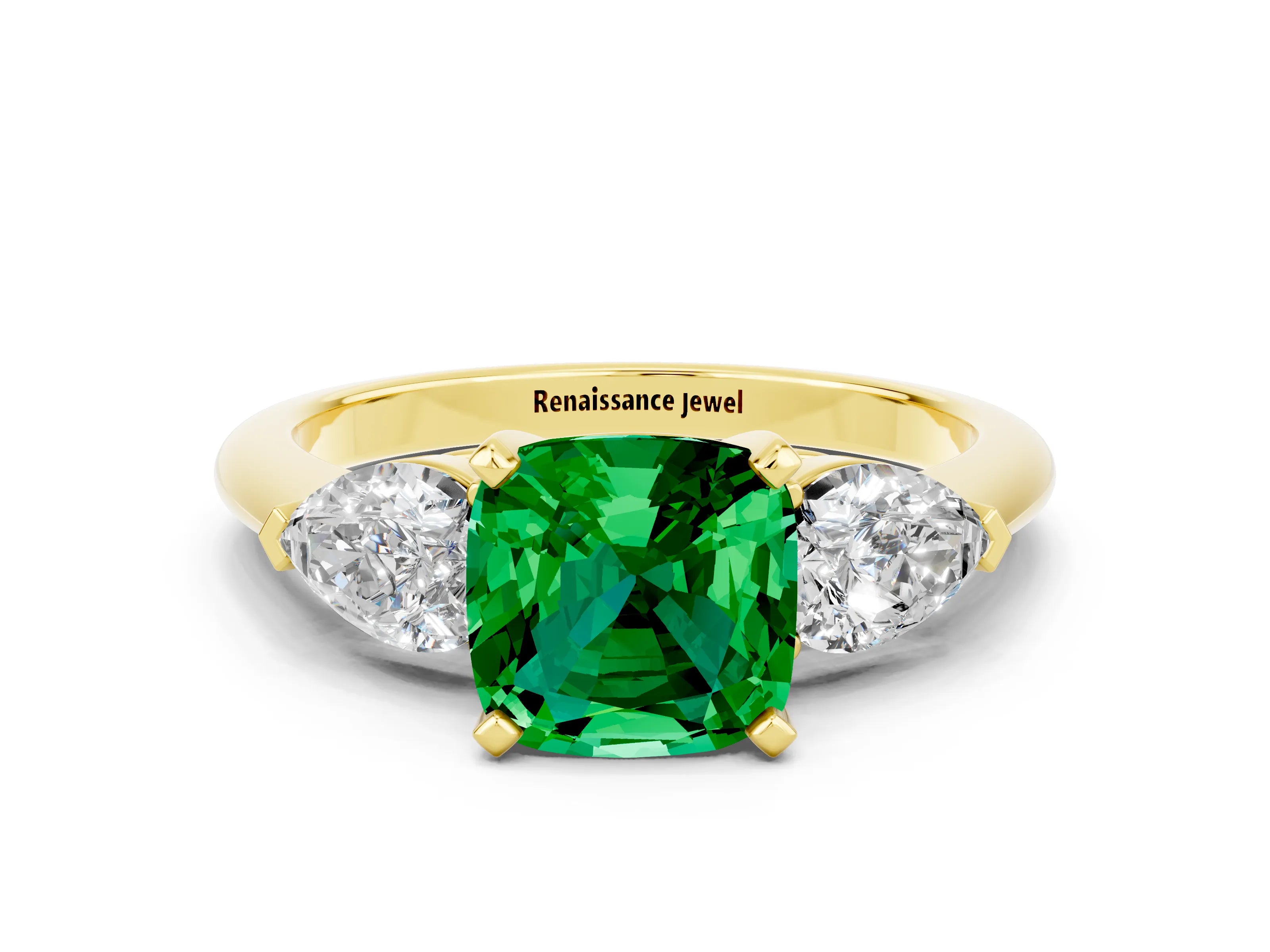 Yellow gold Three-Stone Cushion Cut Emerald Ring with Pear Side Stones and Four-Prong Setting