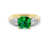 Yellow gold Three-Stone Cushion Cut Emerald Ring with Pear Side Stones and Four-Prong Setting