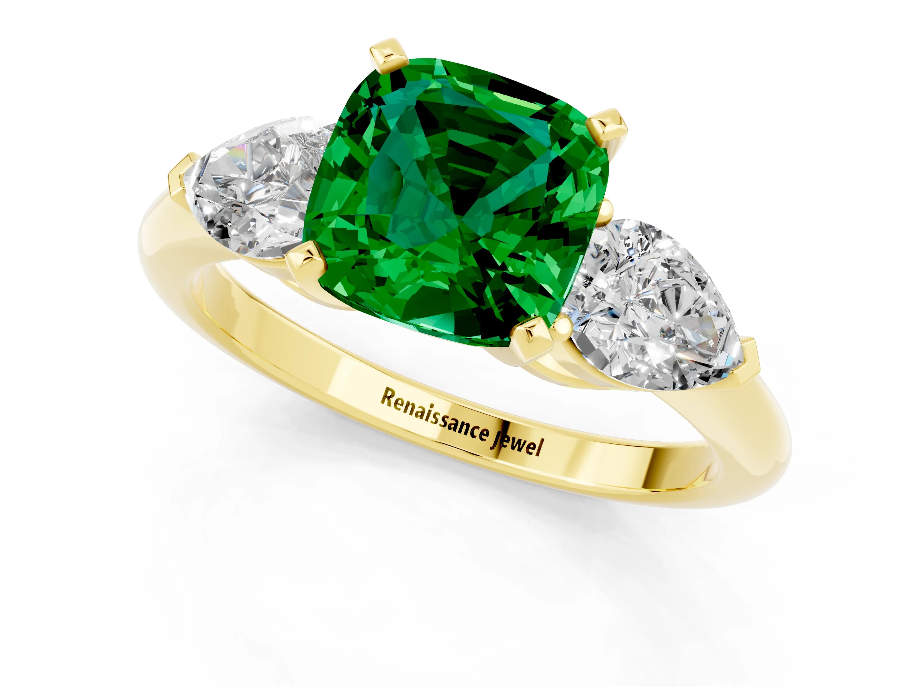 Yellow gold Three-Stone Cushion Cut Emerald Ring with Pear Side Stones and Four-Prong Setting_1