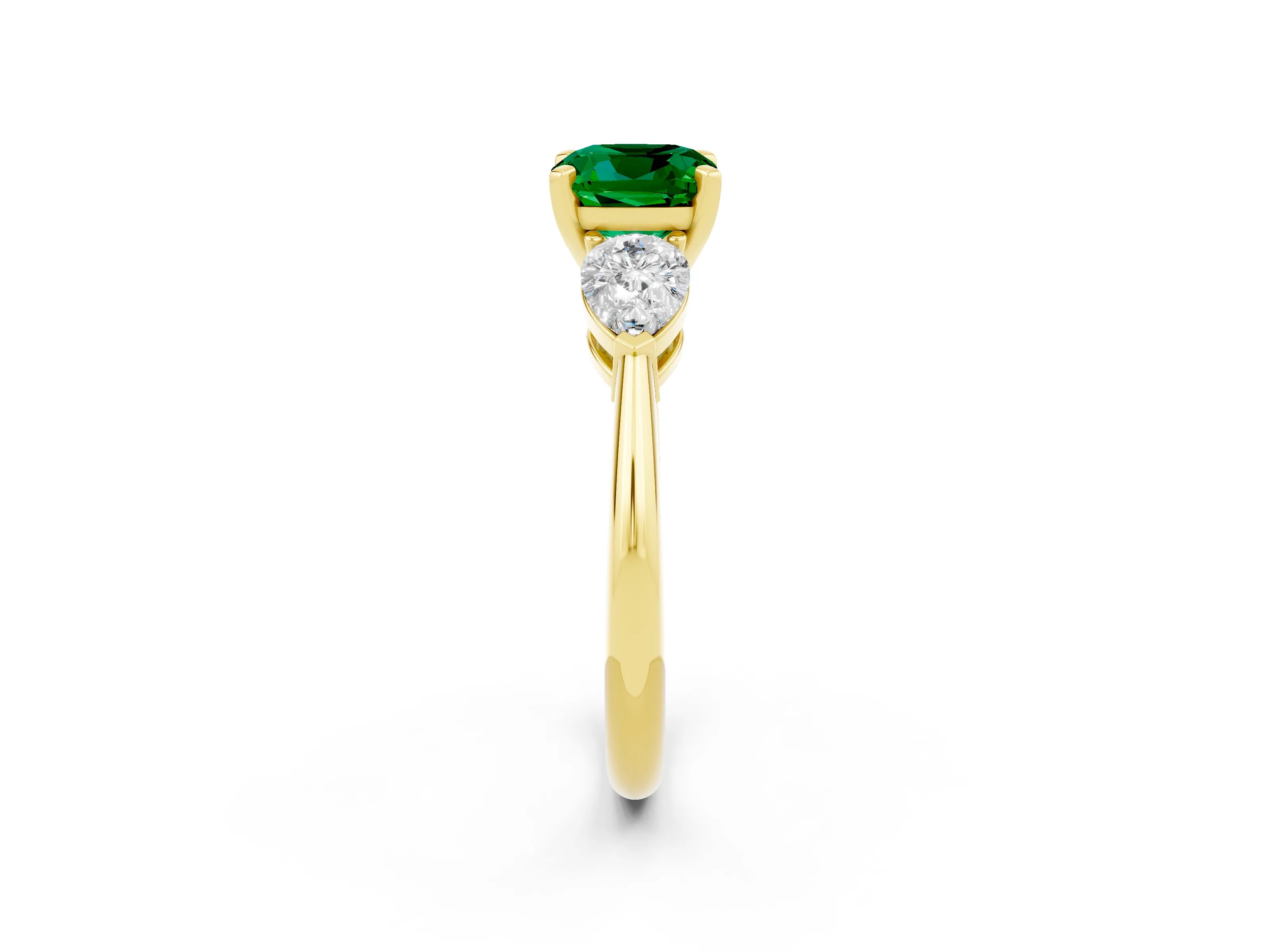 Yellow gold Three-Stone Cushion Cut Emerald Ring with Pear Side Stones and Four-Prong Setting_2