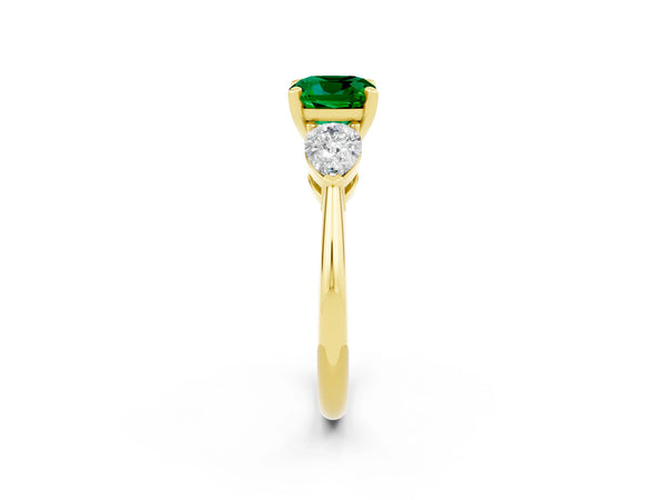 Yellow gold Three-Stone Cushion Cut Emerald Ring with Pear Side Stones and Four-Prong Setting