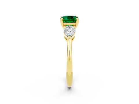 Yellow gold Three-Stone Cushion Cut Emerald Ring with Pear Side Stones and Four-Prong Setting_2