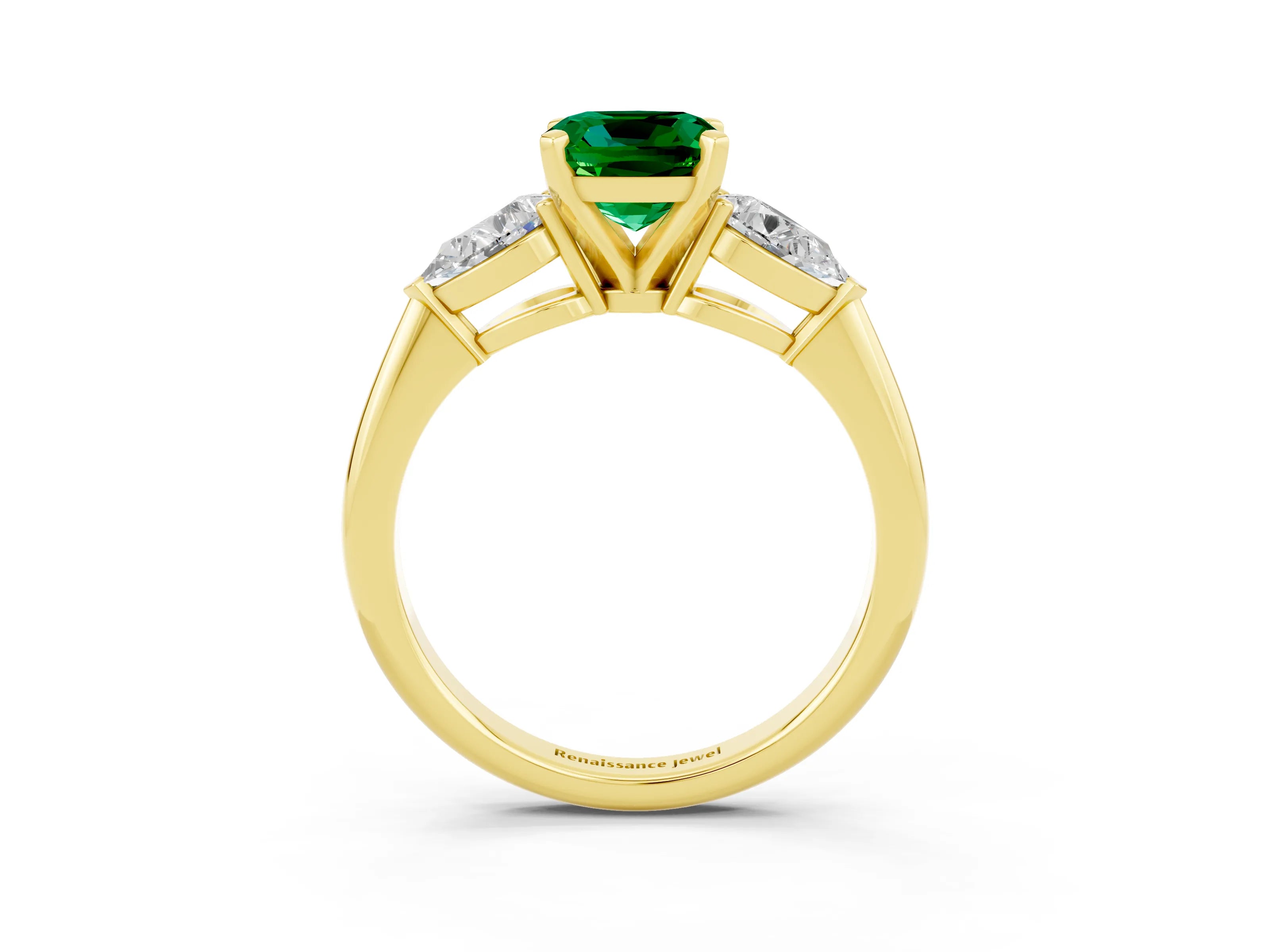 Yellow gold Three-Stone Cushion Cut Emerald Ring with Pear Side Stones and Four-Prong Setting_3