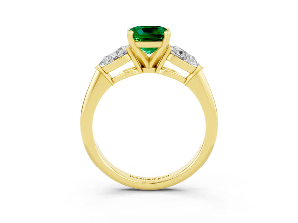 Yellow gold Three-Stone Cushion Cut Emerald Ring with Pear Side Stones and Four-Prong Setting