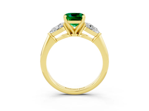 Yellow gold Three-Stone Cushion Cut Emerald Ring with Pear Side Stones and Four-Prong Setting_3