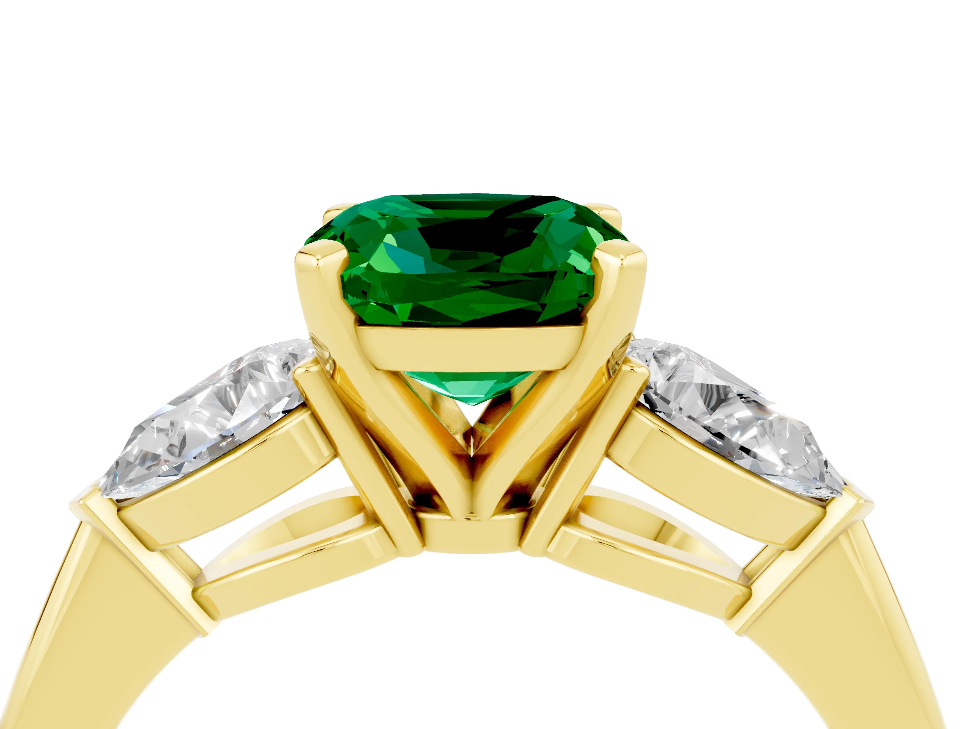 Yellow gold Three-Stone Cushion Cut Emerald Ring with Pear Side Stones and Four-Prong Setting_4