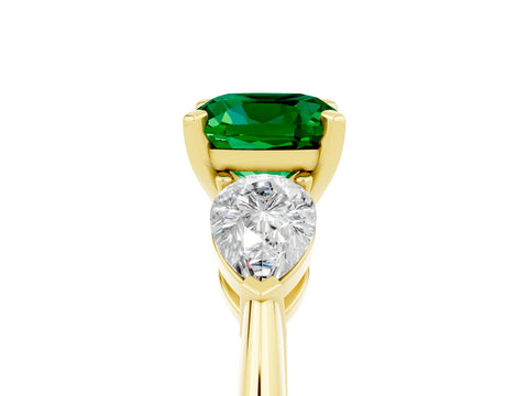 Yellow gold Three-Stone Cushion Cut Emerald Ring with Pear Side Stones and Four-Prong Setting_5