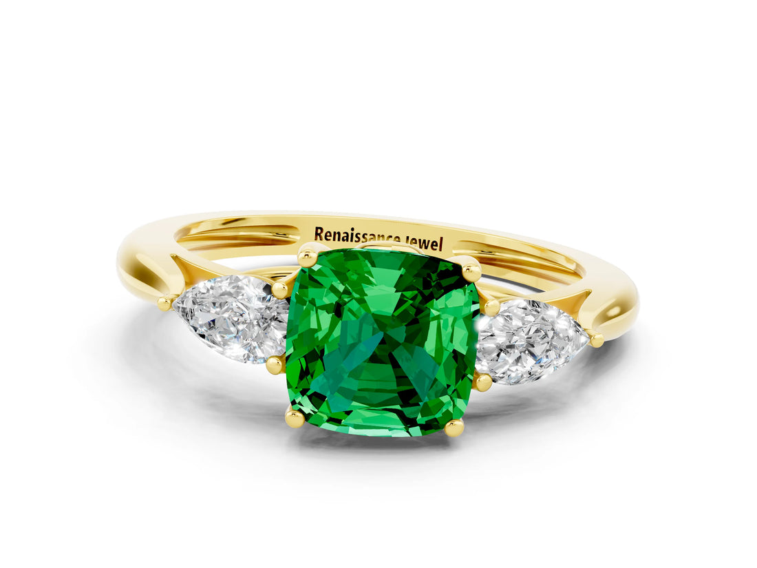 Yellow gold Three-Stone Cushion Cut Emerald Ring with Pear  Side Stones in Four-Prong Setting_12
