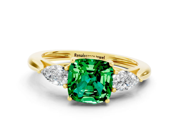 Yellow gold Three-Stone Cushion Cut Emerald Ring with Pear  Side Stones in Four-Prong Setting
