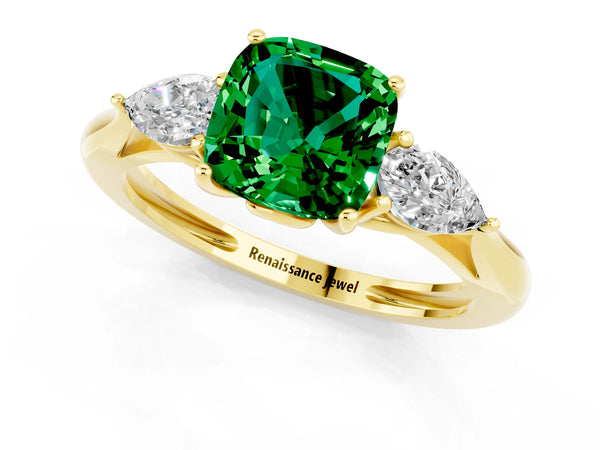 Yellow gold Three-Stone Cushion Cut Emerald Ring with Pear  Side Stones in Four-Prong Setting