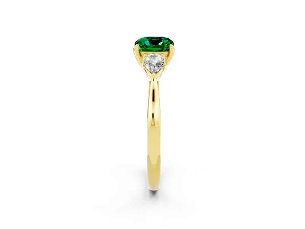 Yellow gold Three-Stone Cushion Cut Emerald Ring with Pear  Side Stones in Four-Prong Setting