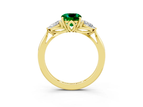 Yellow gold Three-Stone Cushion Cut Emerald Ring with Pear  Side Stones in Four-Prong Setting