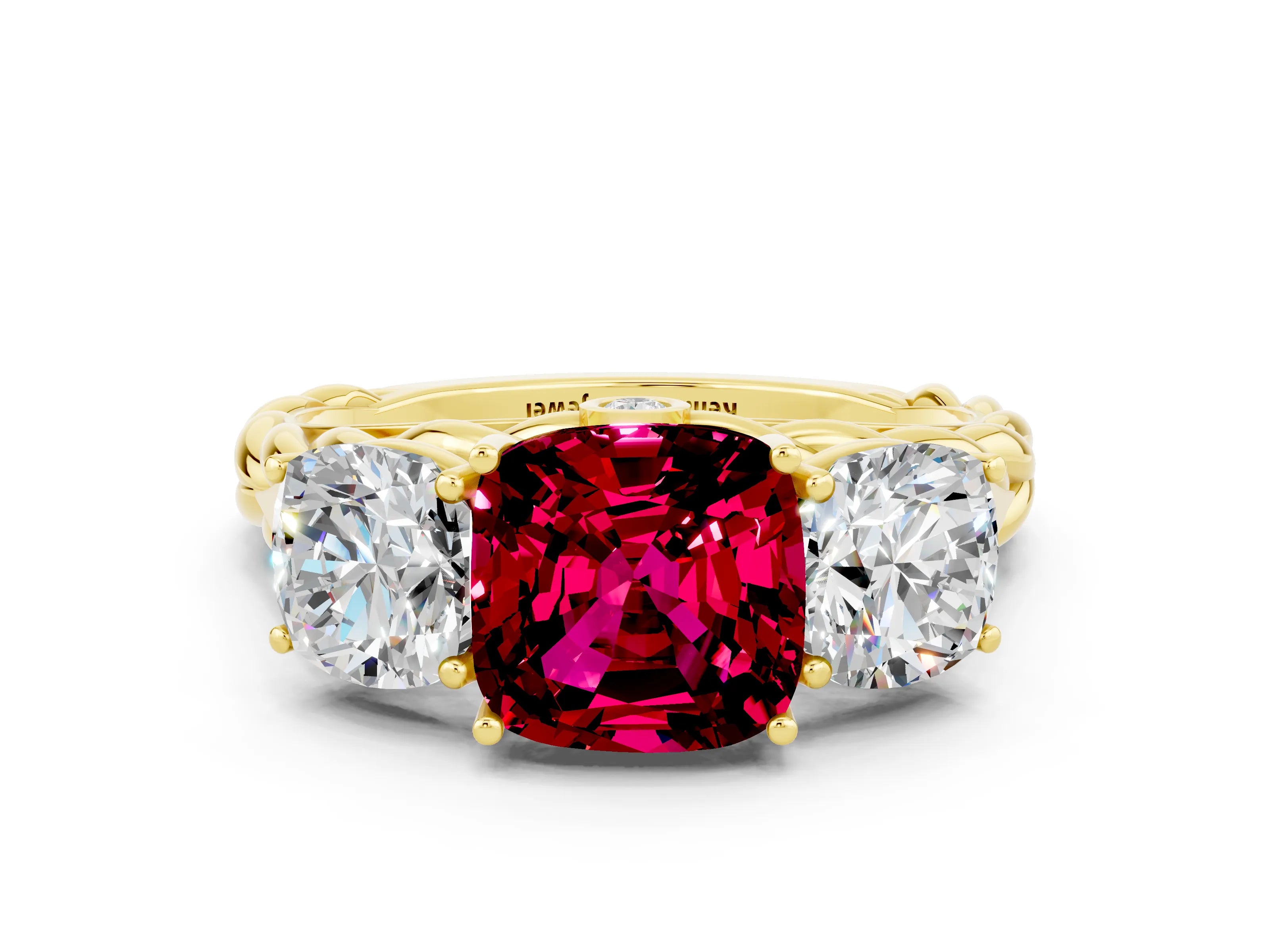 Yellow gold Three-Stone Cushion Cut Garnet Braided Band Ring with Four-Prong Setting_12