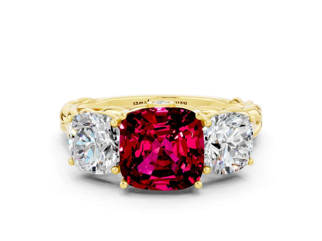 Yellow gold Three-Stone Cushion Cut Garnet Braided Band Ring with Four-Prong Setting_12
