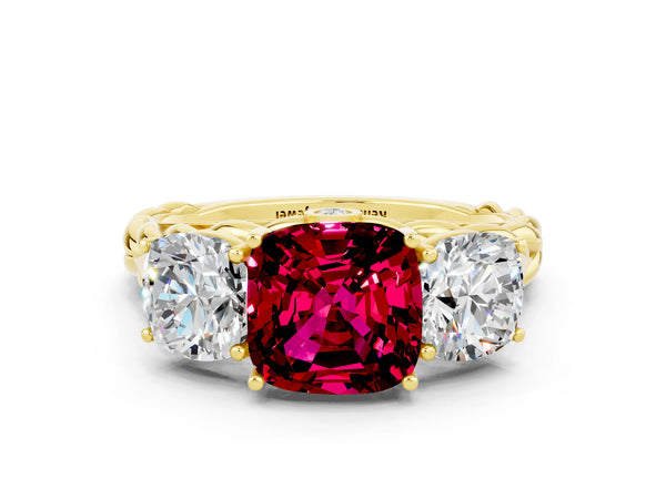 Yellow gold Three-Stone Cushion Cut Garnet Braided Band Ring with Four-Prong Setting