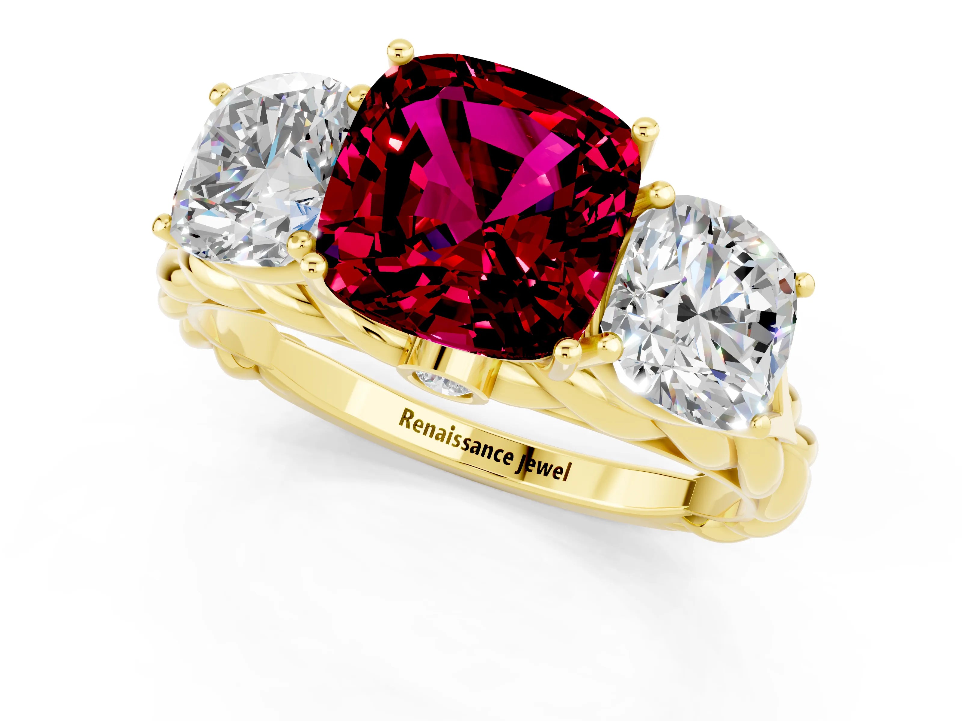 Yellow gold Three-Stone Cushion Cut Garnet Braided Band Ring with Four-Prong Setting_13
