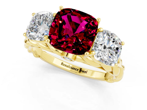 Yellow gold Three-Stone Cushion Cut Garnet Braided Band Ring with Four-Prong Setting_13