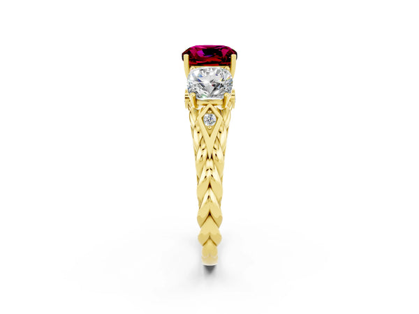 Yellow gold Three-Stone Cushion Cut Garnet Braided Band Ring with Four-Prong Setting
