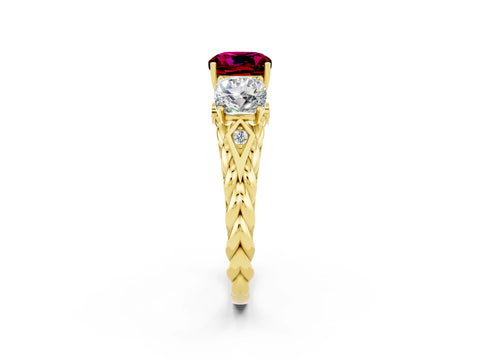 Yellow gold Three-Stone Cushion Cut Garnet Braided Band Ring with Four-Prong Setting_14