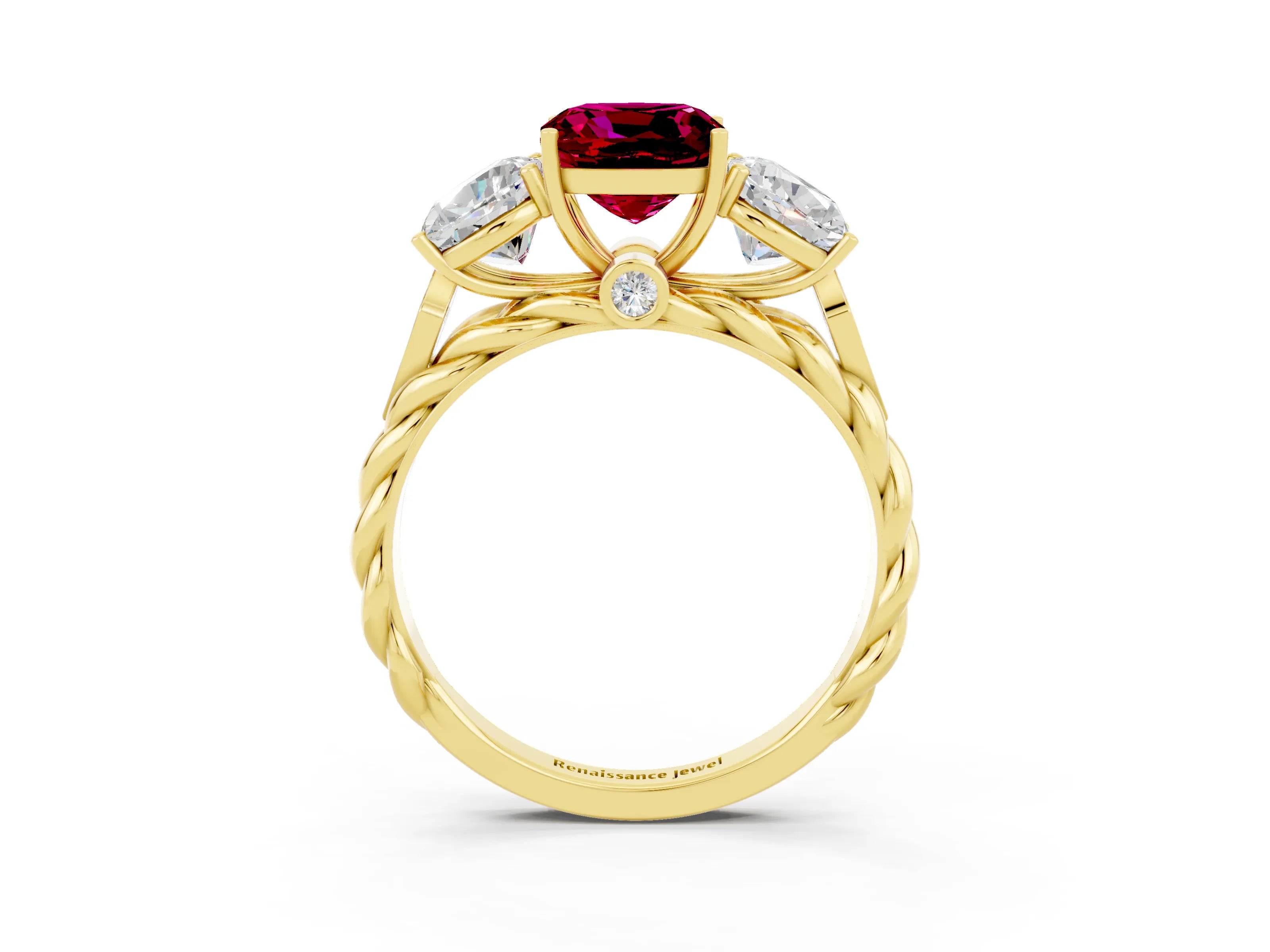 Yellow gold Three-Stone Cushion Cut Garnet Braided Band Ring with Four-Prong Setting_15