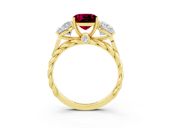 Yellow gold Three-Stone Cushion Cut Garnet Braided Band Ring with Four-Prong Setting