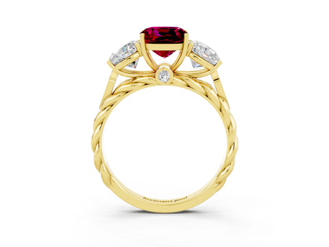 Yellow gold Three-Stone Cushion Cut Garnet Braided Band Ring with Four-Prong Setting_15