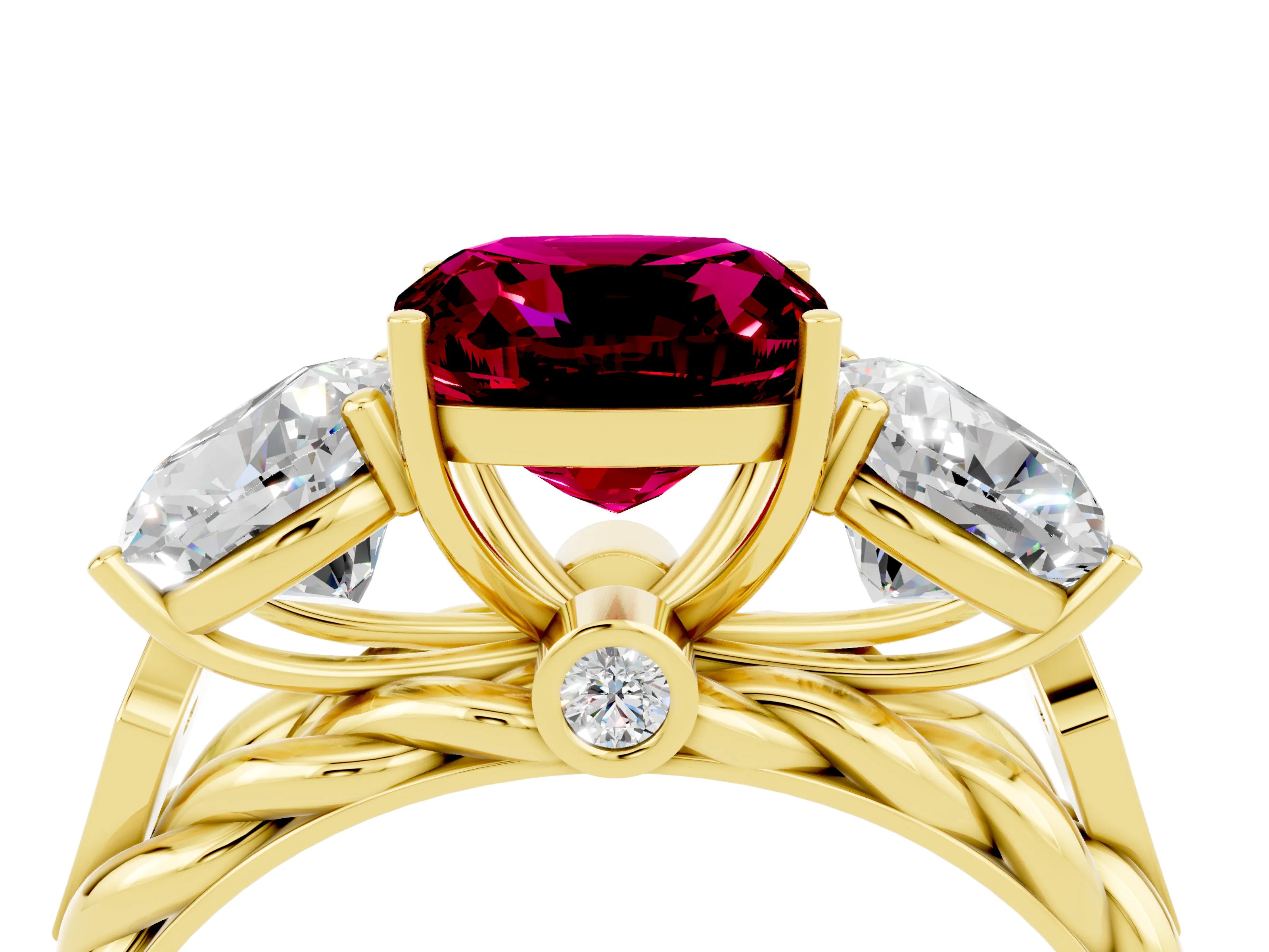 Yellow gold Three-Stone Cushion Cut Garnet Braided Band Ring with Four-Prong Setting_16