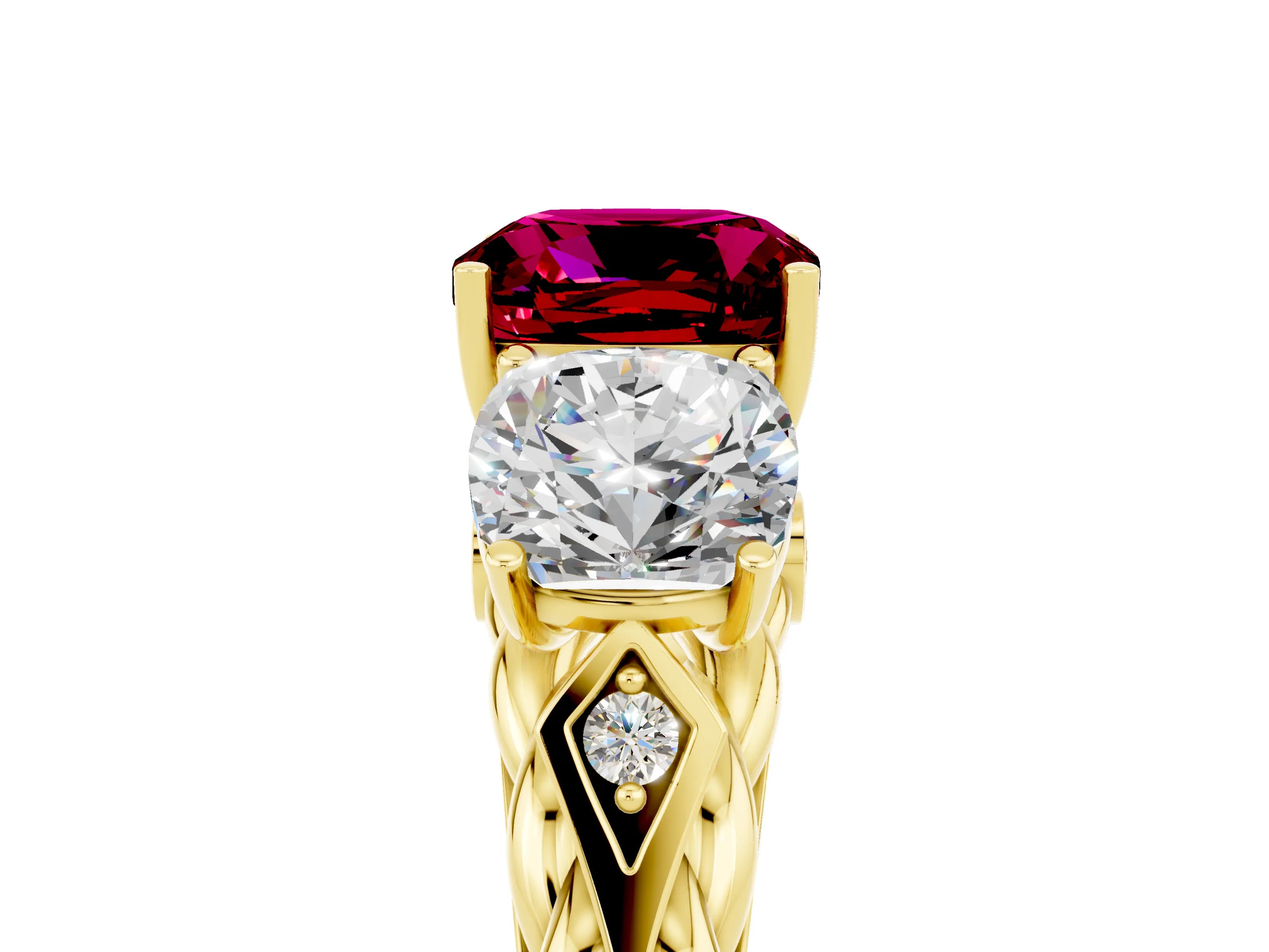 Yellow gold Three-Stone Cushion Cut Garnet Braided Band Ring with Four-Prong Setting_17