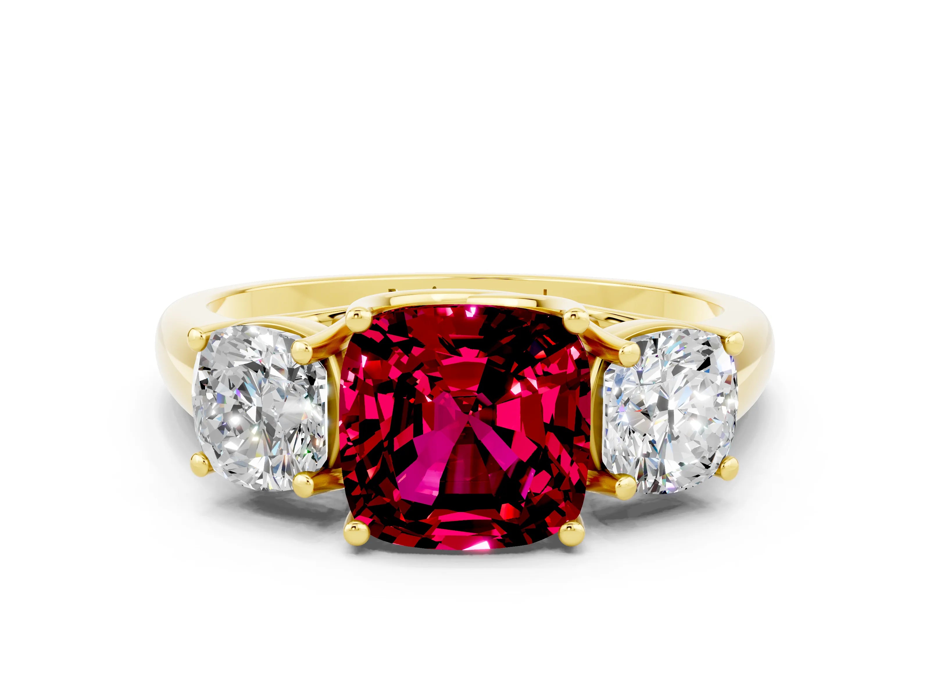 Yellow gold Three-Stone Cushion Cut Garnet Engagement Ring with Prong Setting