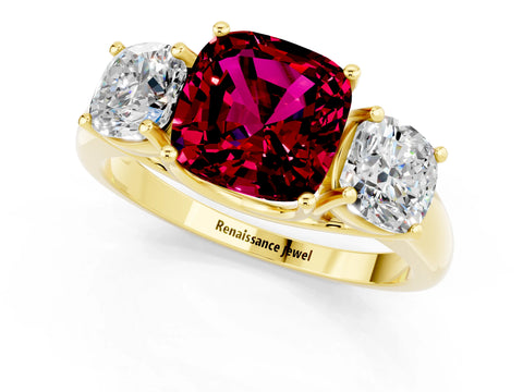 Yellow gold Three-Stone Cushion Cut Garnet Engagement Ring with Prong Setting_1
