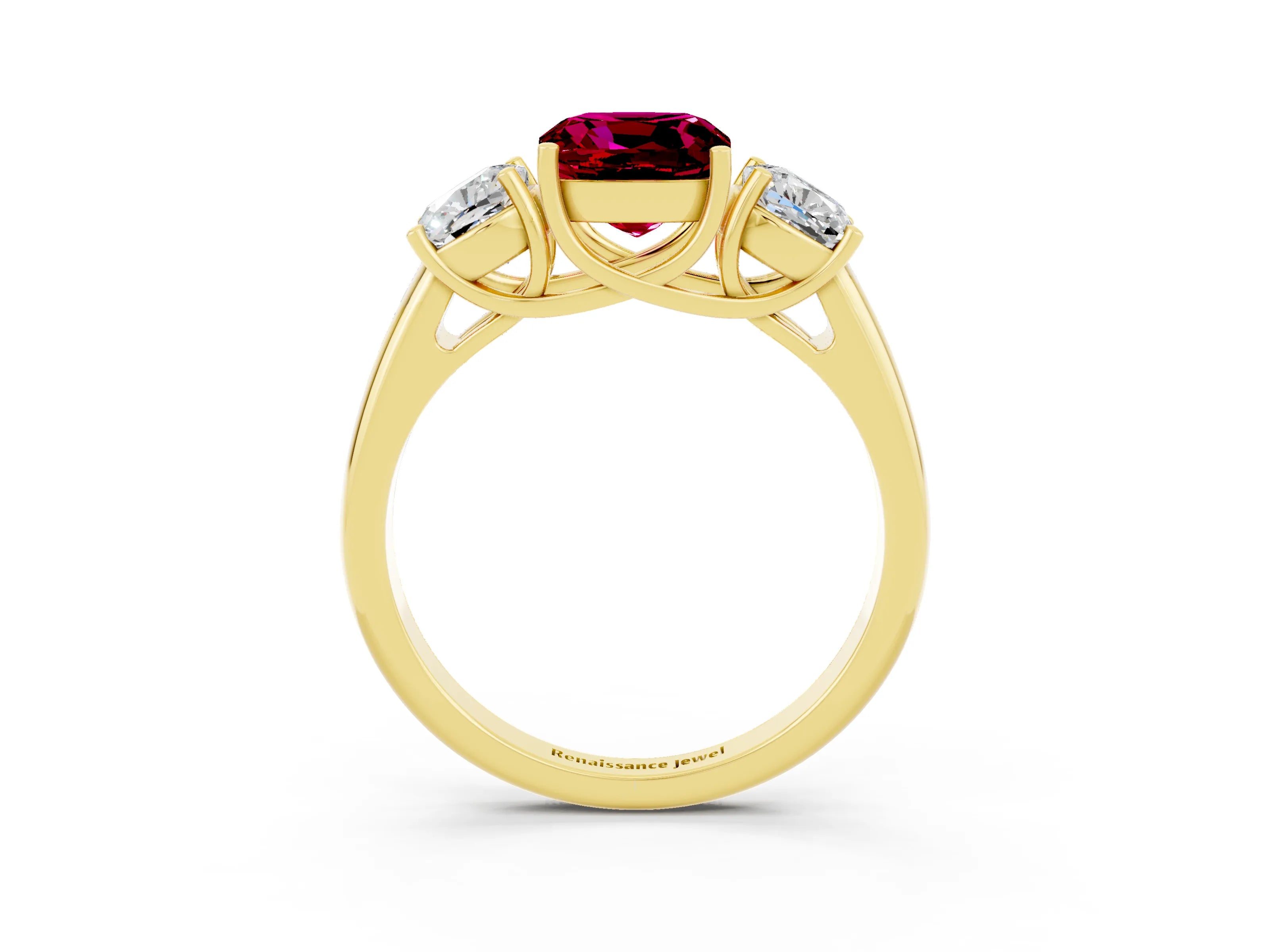 Yellow gold Three-Stone Cushion Cut Garnet Engagement Ring with Prong Setting_3