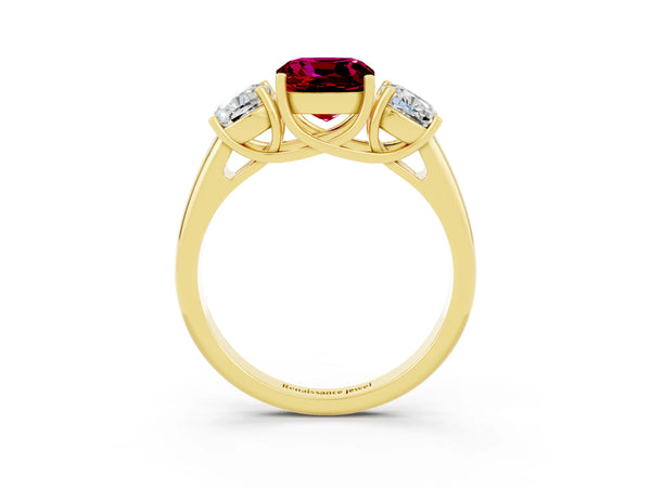 Yellow gold Three-Stone Cushion Cut Garnet Engagement Ring with Prong Setting