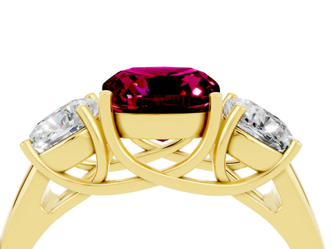 Yellow gold Three-Stone Cushion Cut Garnet Engagement Ring with Prong Setting_4