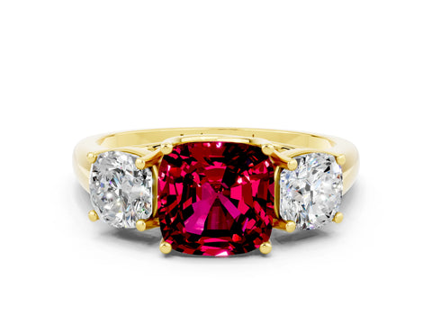 Yellow gold Three-Stone Cushion Cut Garnet Engagement Ring with Prong Setting