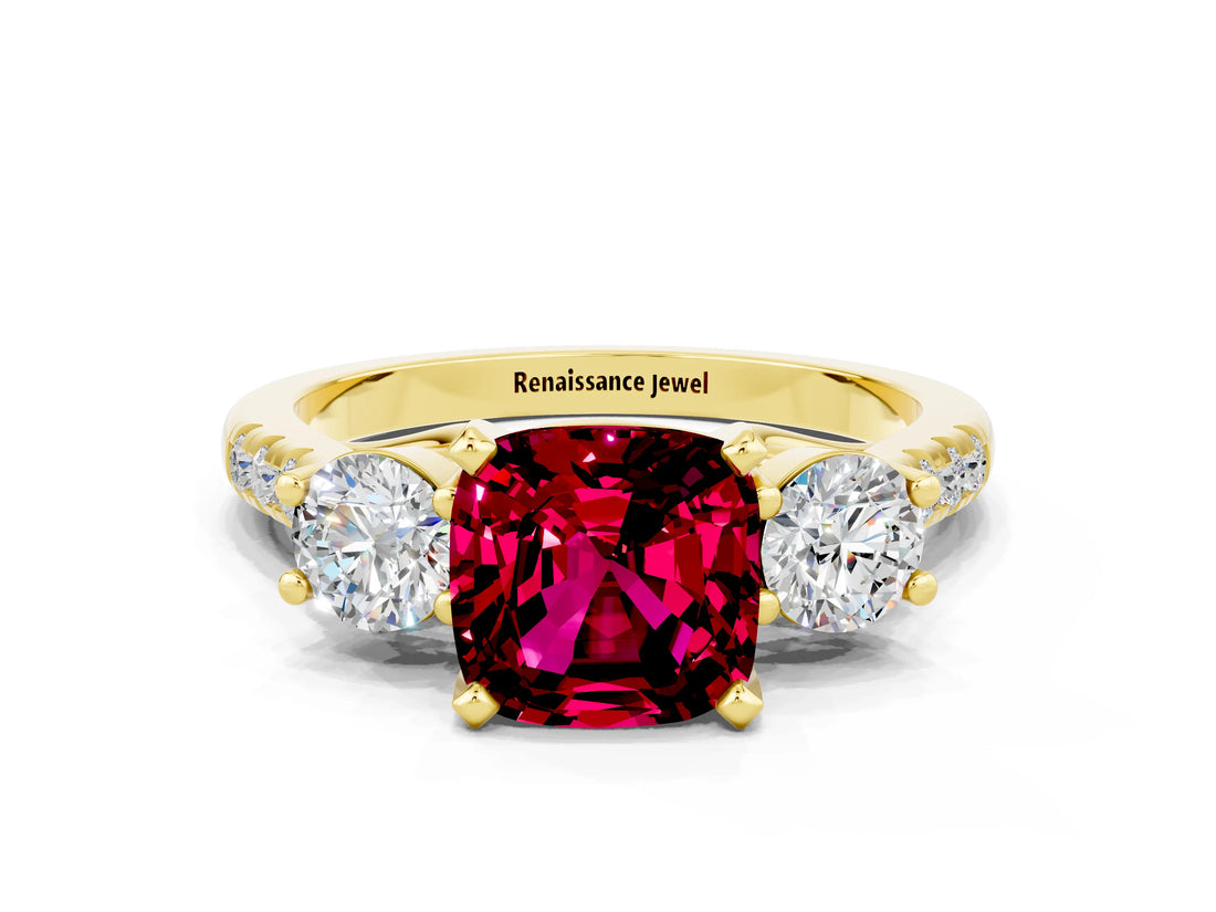 Yellow gold Three-Stone Cushion Cut Garnet Pavé Band with Four-Prong Setting
