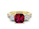 Yellow gold Three-Stone Cushion Cut Garnet Pavé Band with Four-Prong Setting