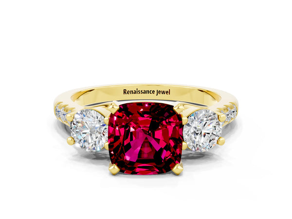 Yellow gold Three-Stone Cushion Cut Garnet Pavé Band with Four-Prong Setting