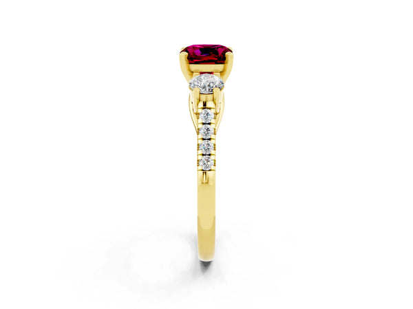 Yellow gold Three-Stone Cushion Cut Garnet Pavé Band with Four-Prong Setting