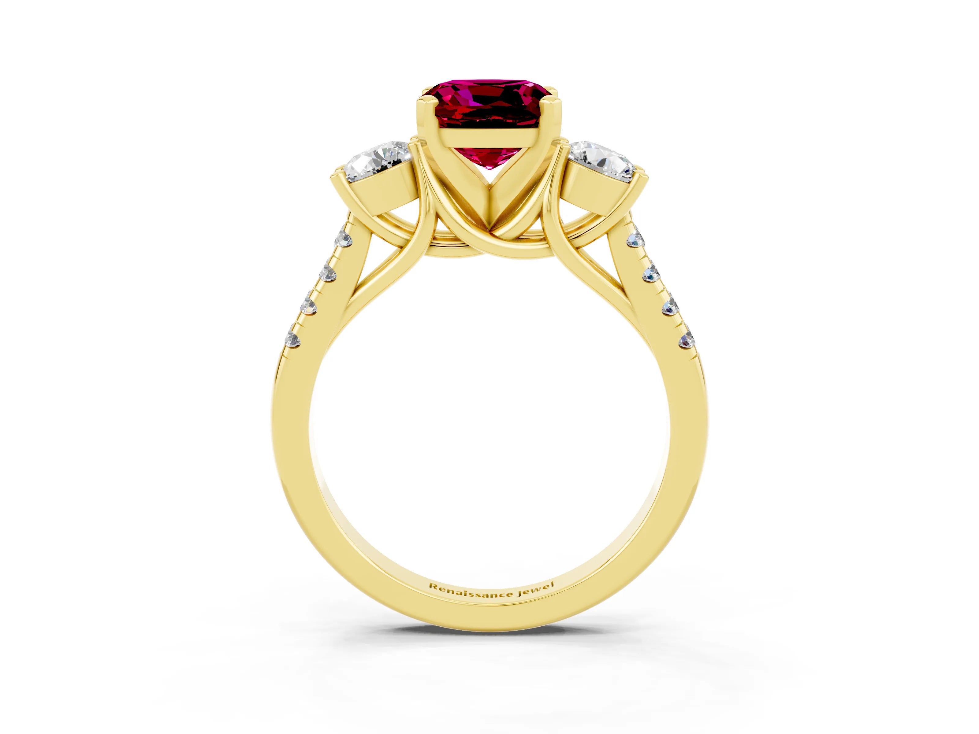 Yellow gold Three-Stone Cushion Cut Garnet Pavé Band with Four-Prong Setting_3