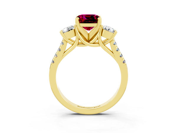 Yellow gold Three-Stone Cushion Cut Garnet Pavé Band with Four-Prong Setting