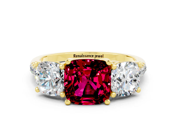 Yellow gold Three-Stone Cushion Cut Garnet Ring with Round  Pavé Band and Prong Setting
