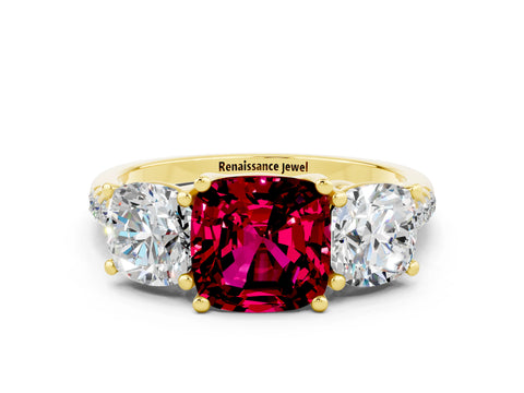 Yellow gold Three-Stone Cushion Cut Garnet Ring with Pavé Band and Prong Setting_12