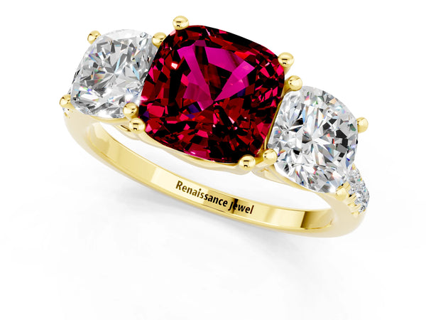 Yellow gold Three-Stone Cushion Cut Garnet Ring with Round  Pavé Band and Prong Setting