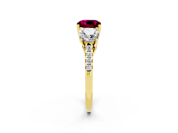 Yellow gold Three-Stone Cushion Cut Garnet Ring with Round  Pavé Band and Prong Setting
