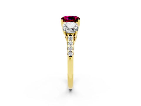 Yellow gold Three-Stone Cushion Cut Garnet Ring with Pavé Band and Prong Setting_14